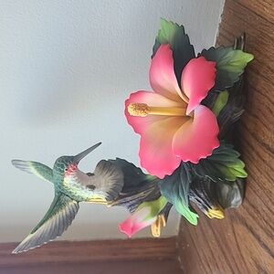 Hummingbird and Hibiscus Figurine - Pink and Green